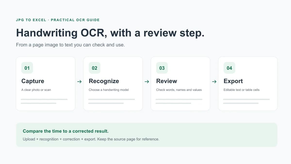 Handwriting OCR workflow: upload a clear photo, recognize text, correct uncertain words, and export the reviewed transcription