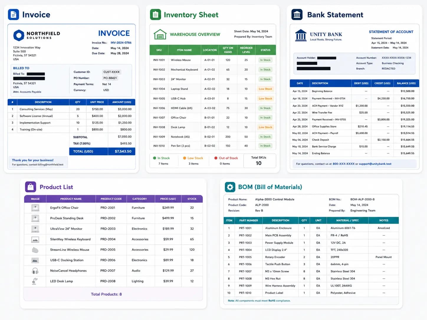 A grid of common source images: invoice, inventory sheet, bank statement, product list, and BOM