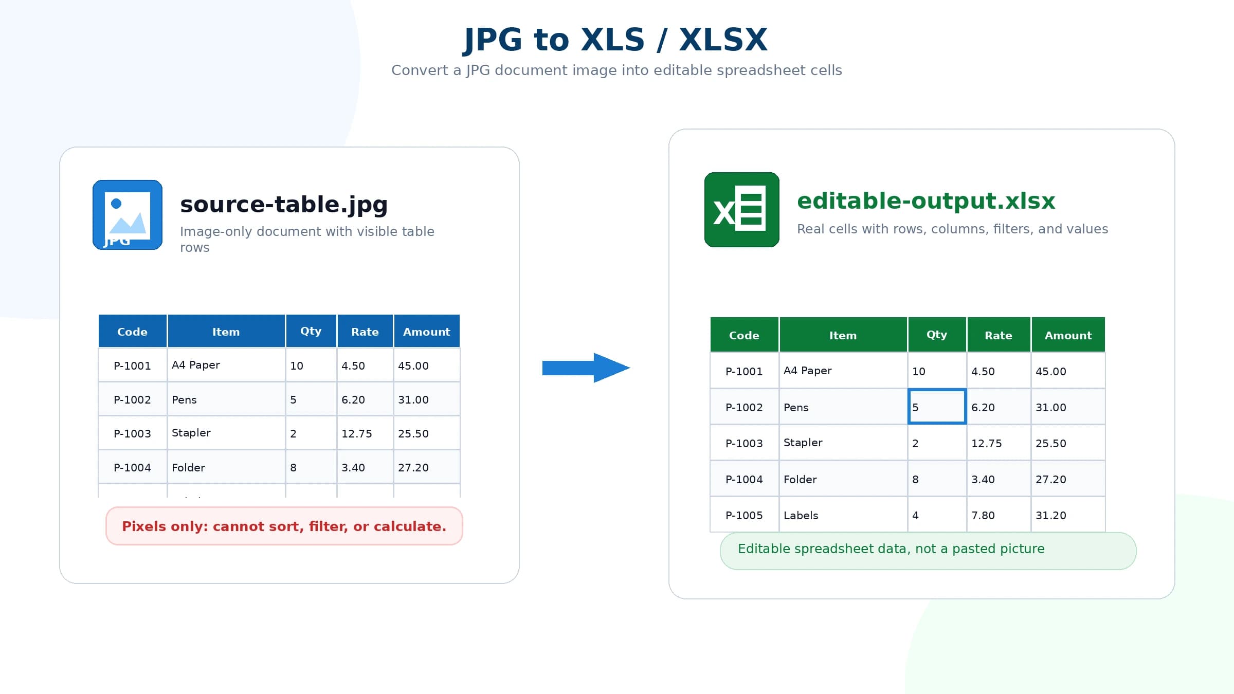 JPG file converted into an editable XLSX spreadsheet with cells, rows, and columns