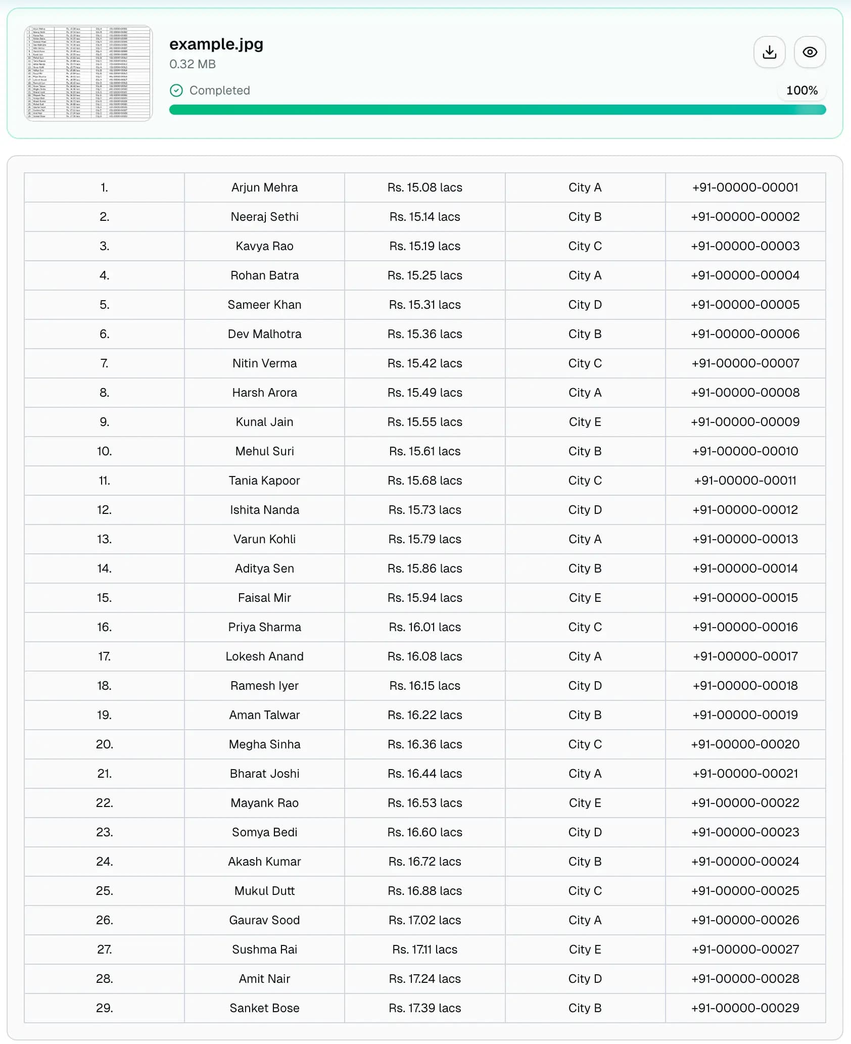 Preview screen showing extracted rows and columns before XLSX download