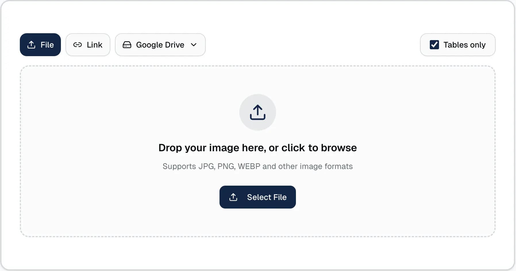 Upload interface for converting a JPG file to Excel