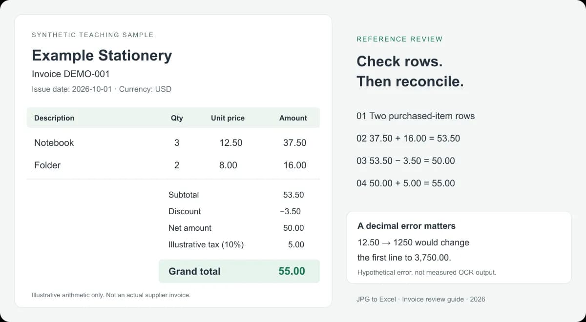 Synthetic invoice DEMO-001: three notebooks at 12.50 total 37.50, two folders at 8.00 total 16.00, subtotal 53.50, discount 3.50, illustrative tax 5.00, grand total 55.00 USD.