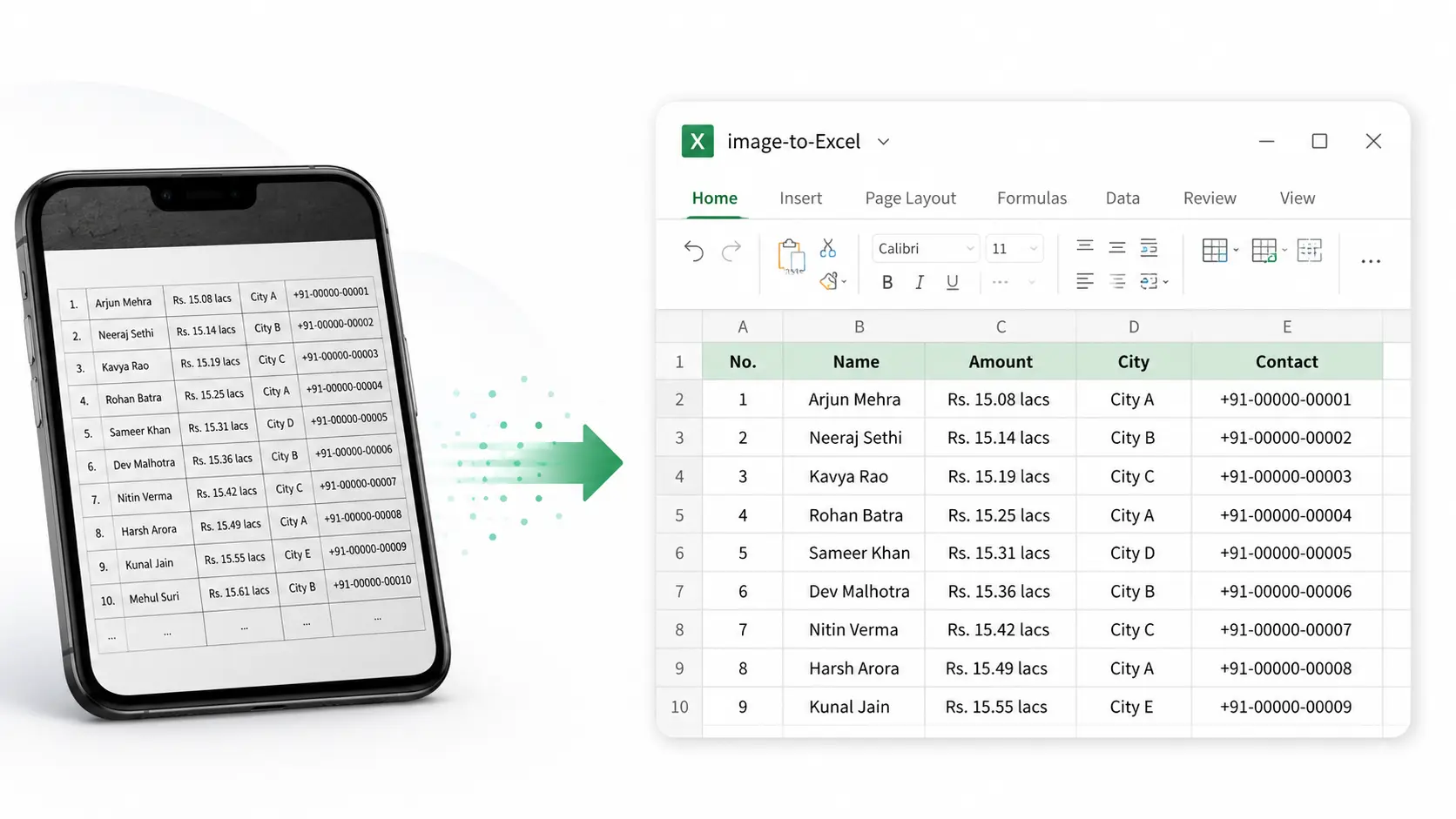 A phone photo of a printed table beside an editable Excel spreadsheet preview.