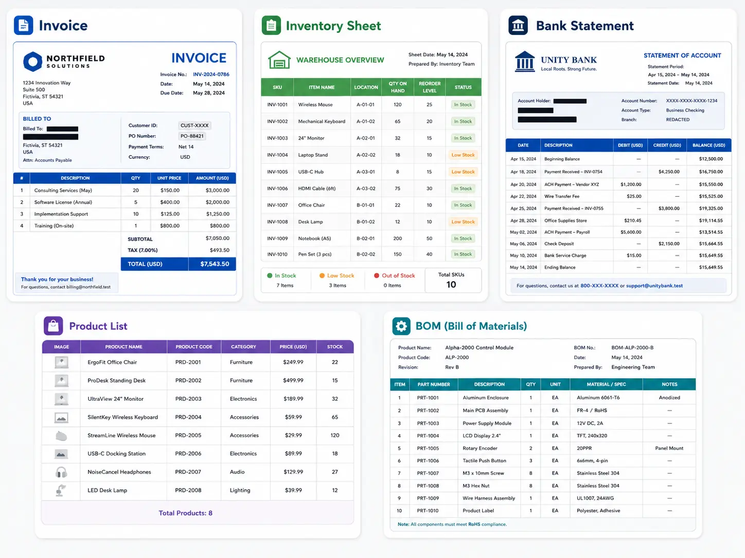 A grid of common source images: invoice, inventory sheet, bank statement, product list, and BOM