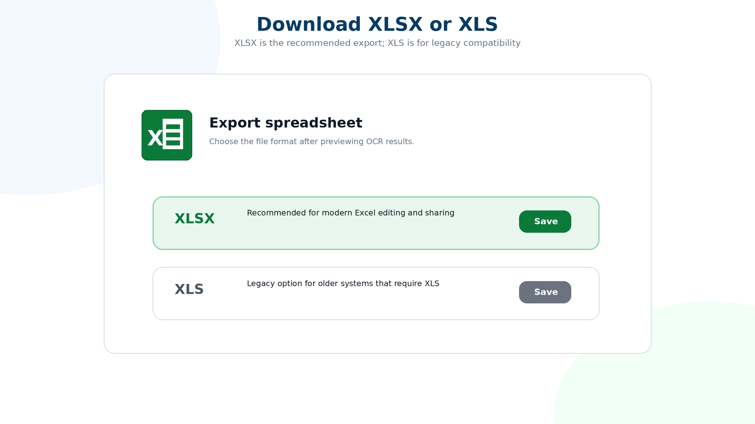 Download options for XLS and XLSX after JPG to Excel conversion