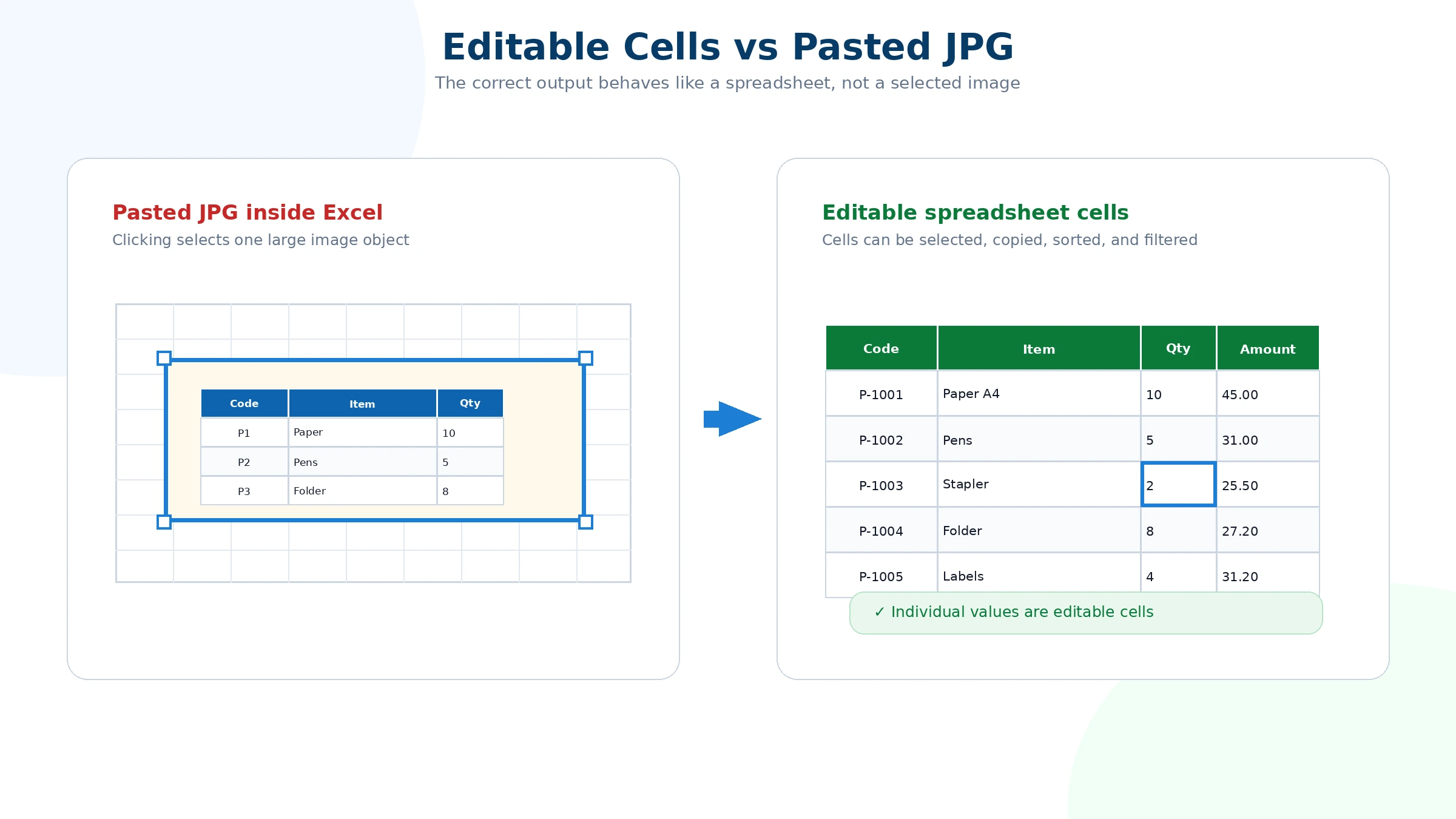Side-by-side comparison of a pasted JPG inside Excel and editable spreadsheet cells