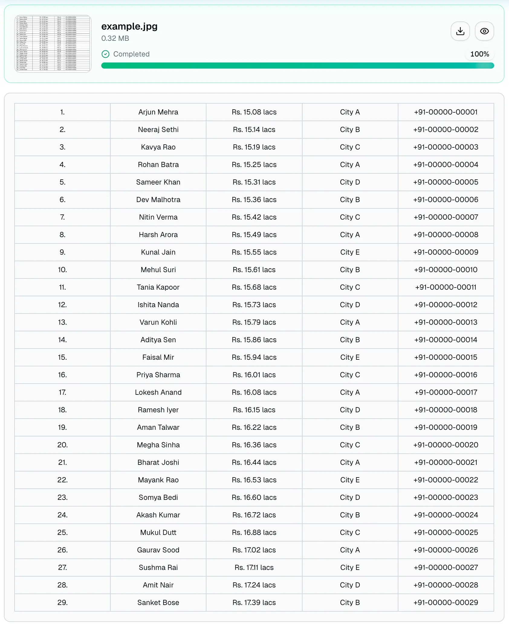 Preview screen showing extracted rows and columns before XLSX download